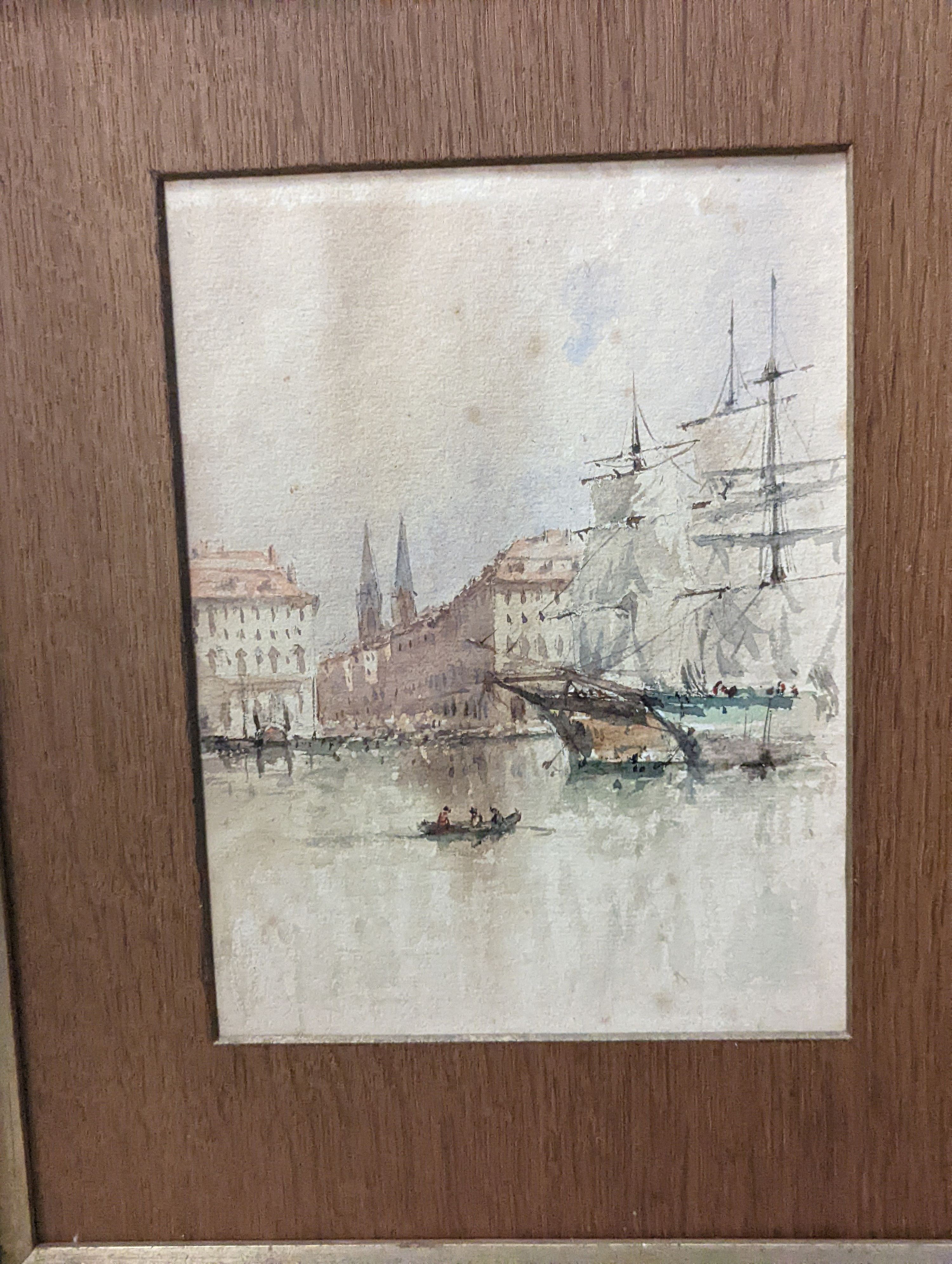 Six assorted paintings and prints including a watercolour harbour scene, 21 x 16cm